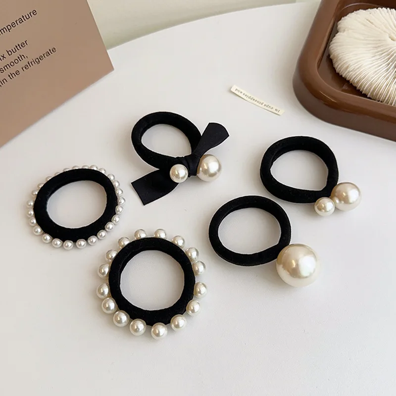 

5pcs Fashionable And Simple Pearl Hair Tie, Small Fragrance, High Elasticity Head Rope, Thick And Seamless Scalp Band