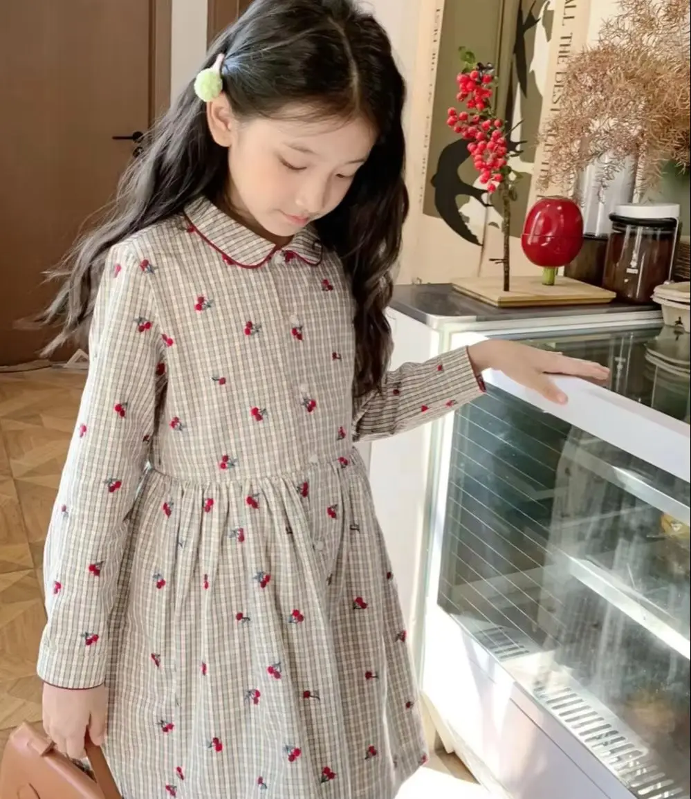Autumn girls dress baby clothes Cherry patterned embroidered girls' dress Long sleeved checkered pattern student style dress