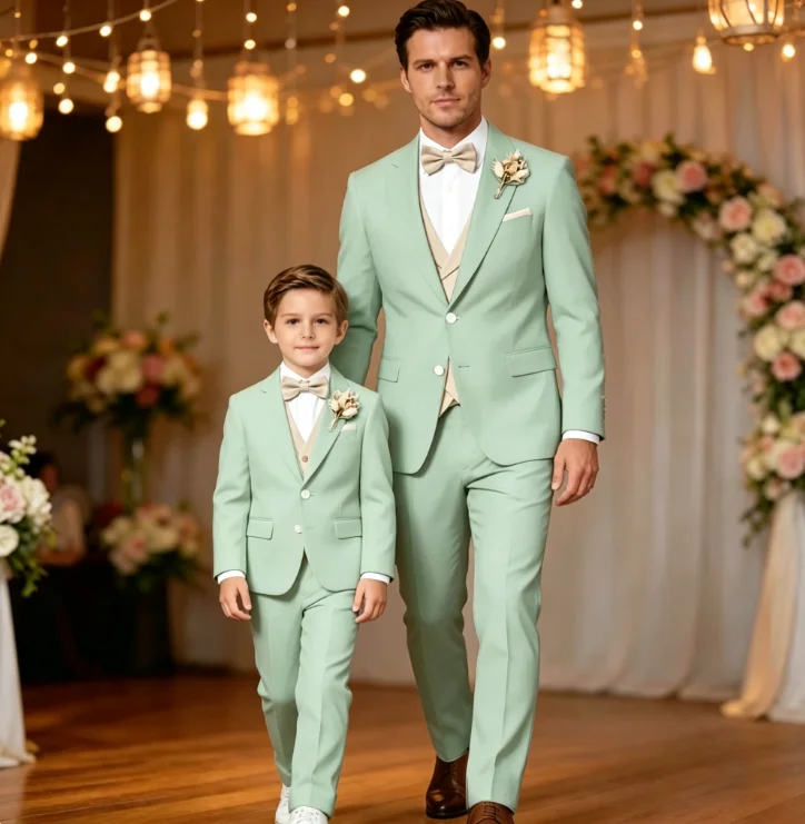 Formal Men's Suit 3pcs White Jacket Pants with Khaki Vest Slim-Fitting Parent-Child Custom Set for Wedding Prom Birthday Party