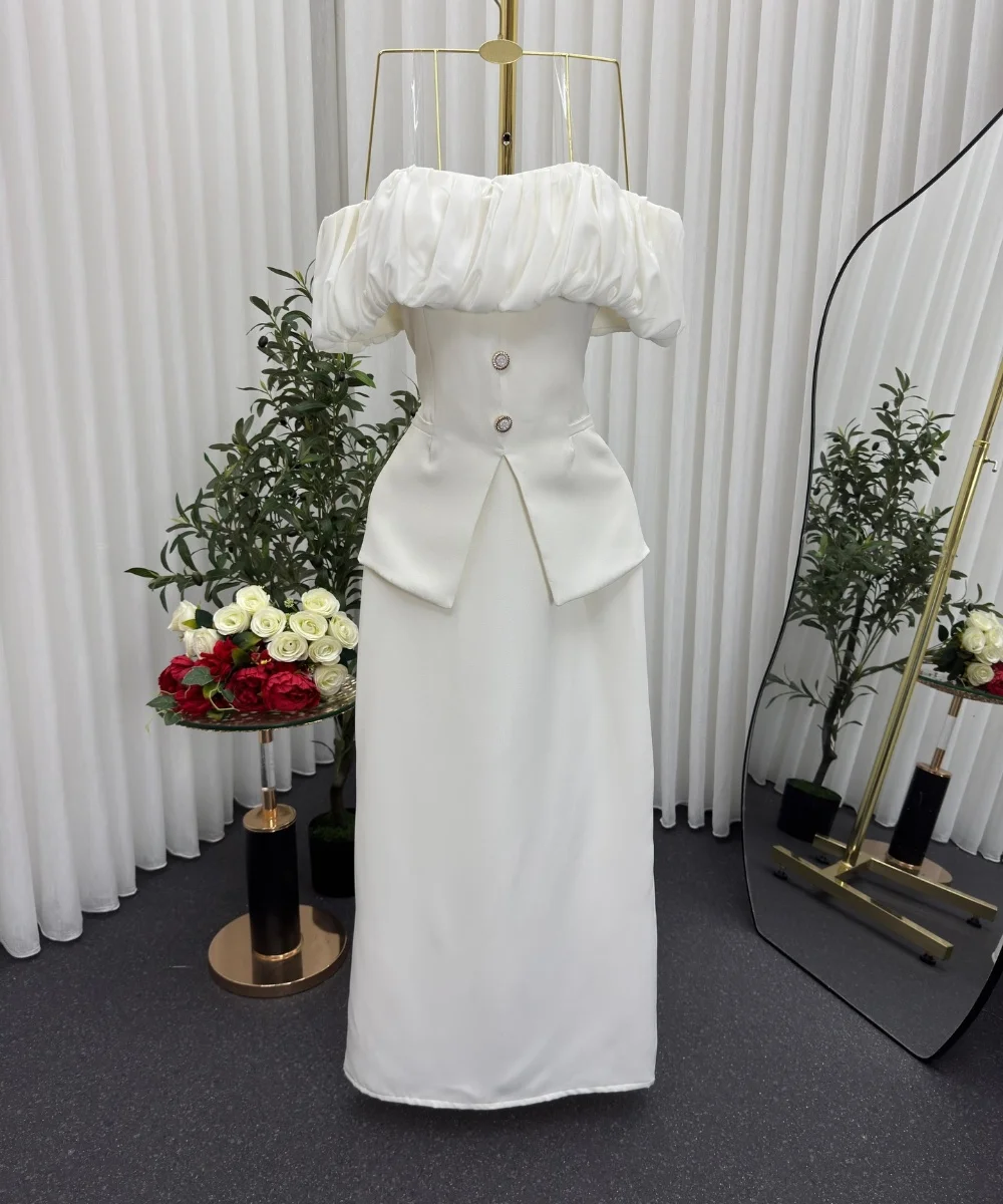 Customized Elegant Jersey Pleat Button A-line Off-the-shoulder Midi Bespoke Occasion Prom Dresses Chinese Style