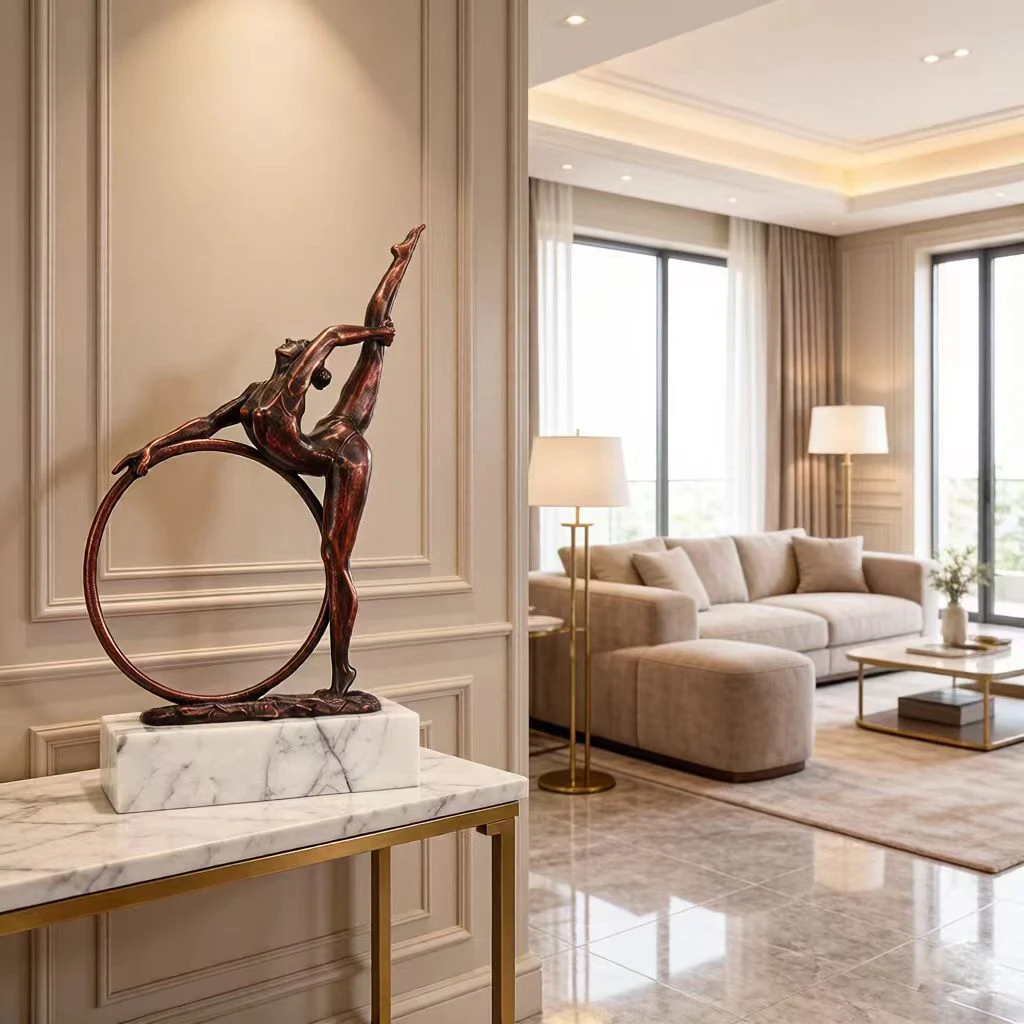 Red Bronze Metal Sculpture with Marble Base Modern Luxury Gymnast Dancer Statue Desk Decorations Ornament for Office Home Decor