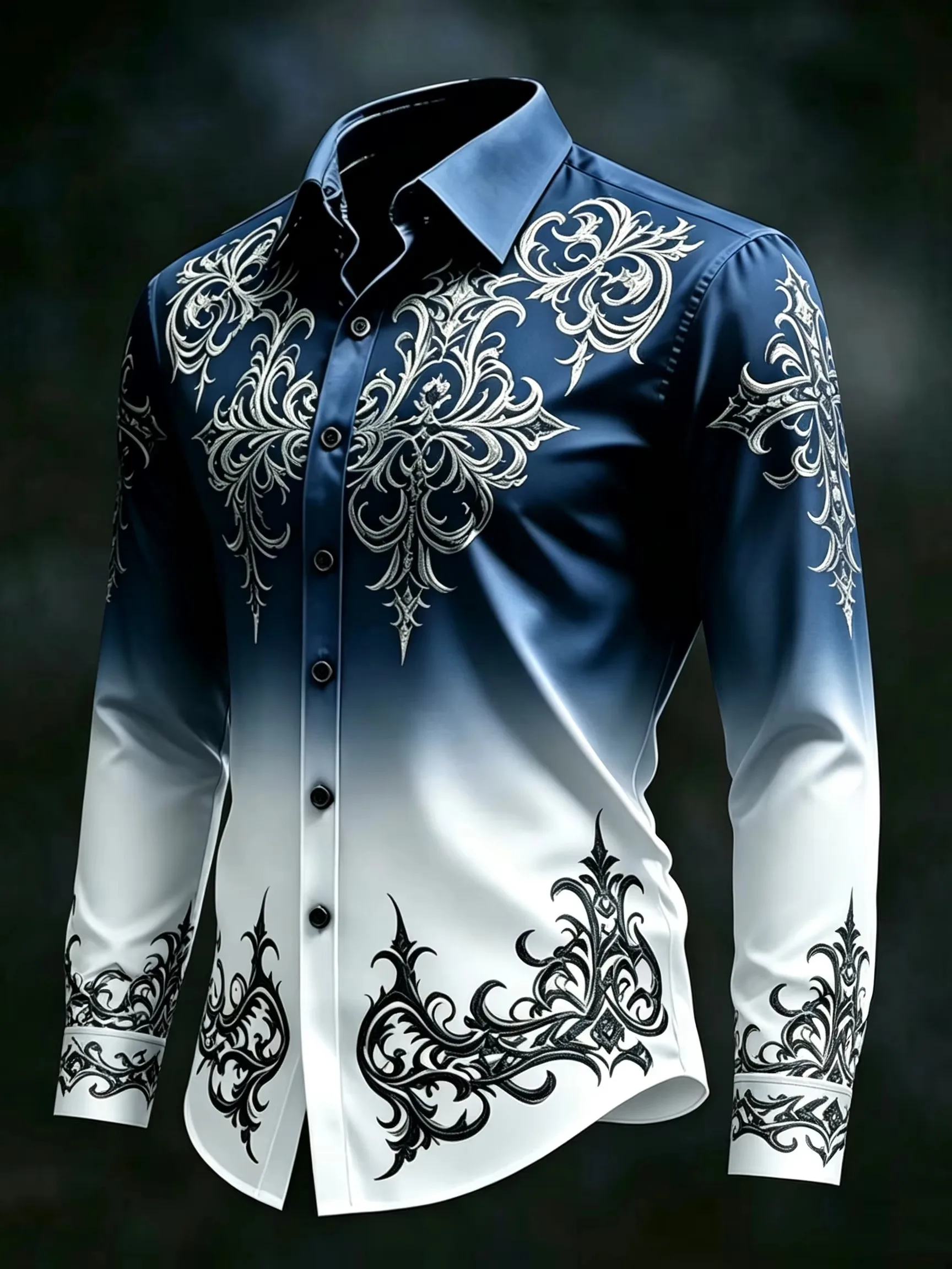 Men's Autumn Fashion Long-Sleeve Shirt Blue White Ombré Baroque Floral Print Button-Down Collar Luxury Formal Holiday Shirt
