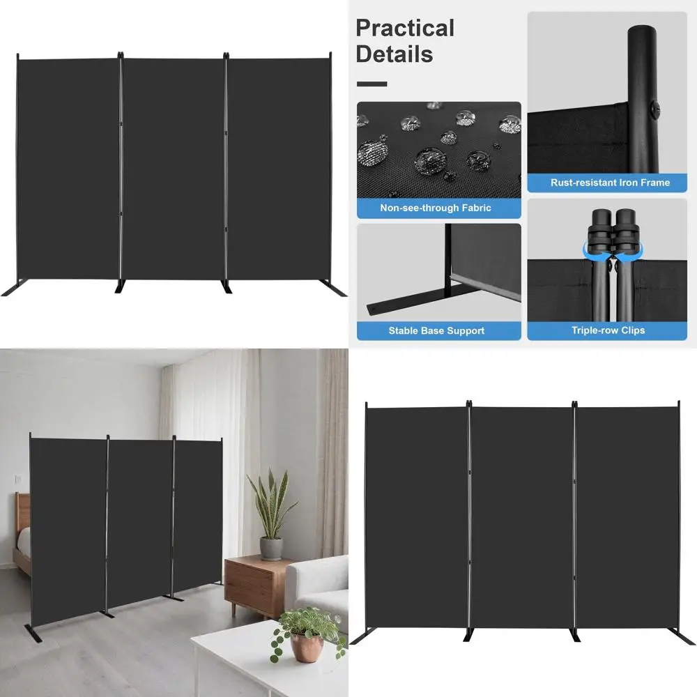 

Черная 3-панельная перегородка высотой 6 футов со стабильным основанием для обеспечения приватности и офисных зонирования, 101 Ш x 72 В дюймов