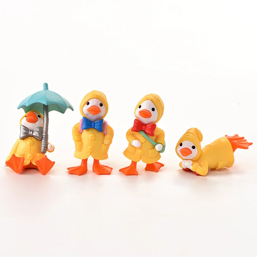 4PCS Umbrella Raincoat Cartoon Duck Miniature Figurine Ornaments Garden  Desk Accessories Statues Figure Decorative Sculptures