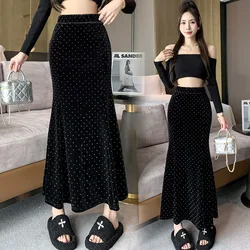 Print Dot Slim Hip Velvet Girl Autumn Winter Trumpet Mermaid Skirt Lady Work Skirts High Waist Fashion Women Spring Casual Skirt