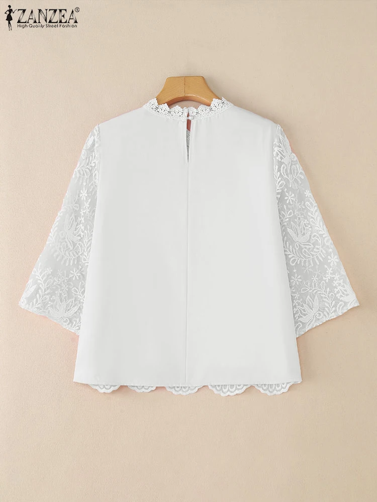 Zanzea outono blusa moda elegante férias rendas crochê camisas femininas o pescoço manga curta bordado topos casual trabalho blusas