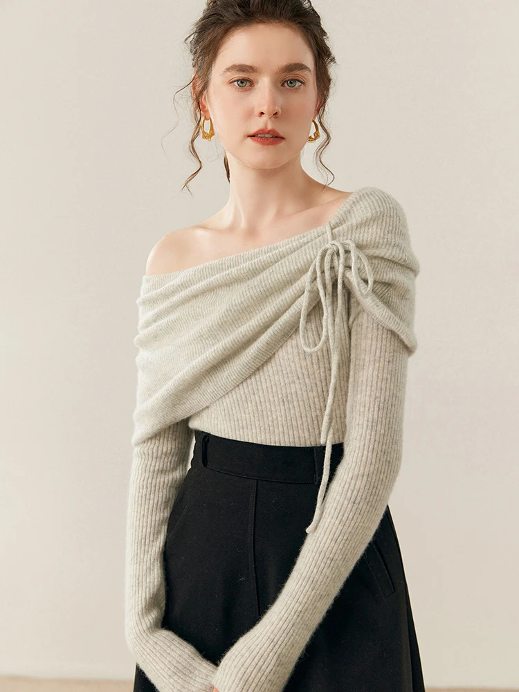 CHICUU ผู้หญิง 100% เสื้อกันหนาวแคชเมียร์เสื้อคอปกแขนยาวสแลชคอเกรซสไตล์แคชเมียร์เสื้อถักฤดูใบไม้ร่วงฤดูหนาวออฟฟิศเลดี้