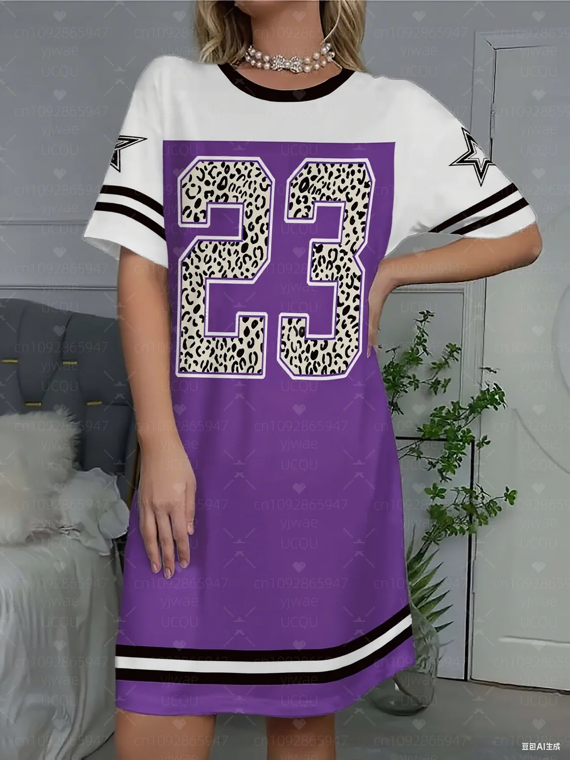 2025年夏 レディース Tシャツワンピース パジャマ風 カジュアル 23番プリント Oネック レディース半袖プルオーバーワンピース レディースナイトドレス