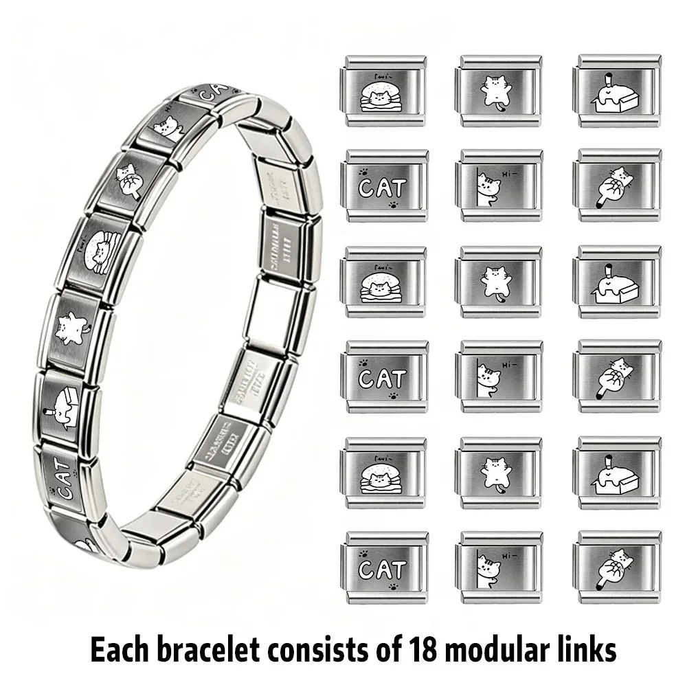 Cartoon Kitten Italian Stainless Steel Module Charms Elastic Splicing Bracelet Trendy Unisex Custom DIY Wristband Jewelry Making
