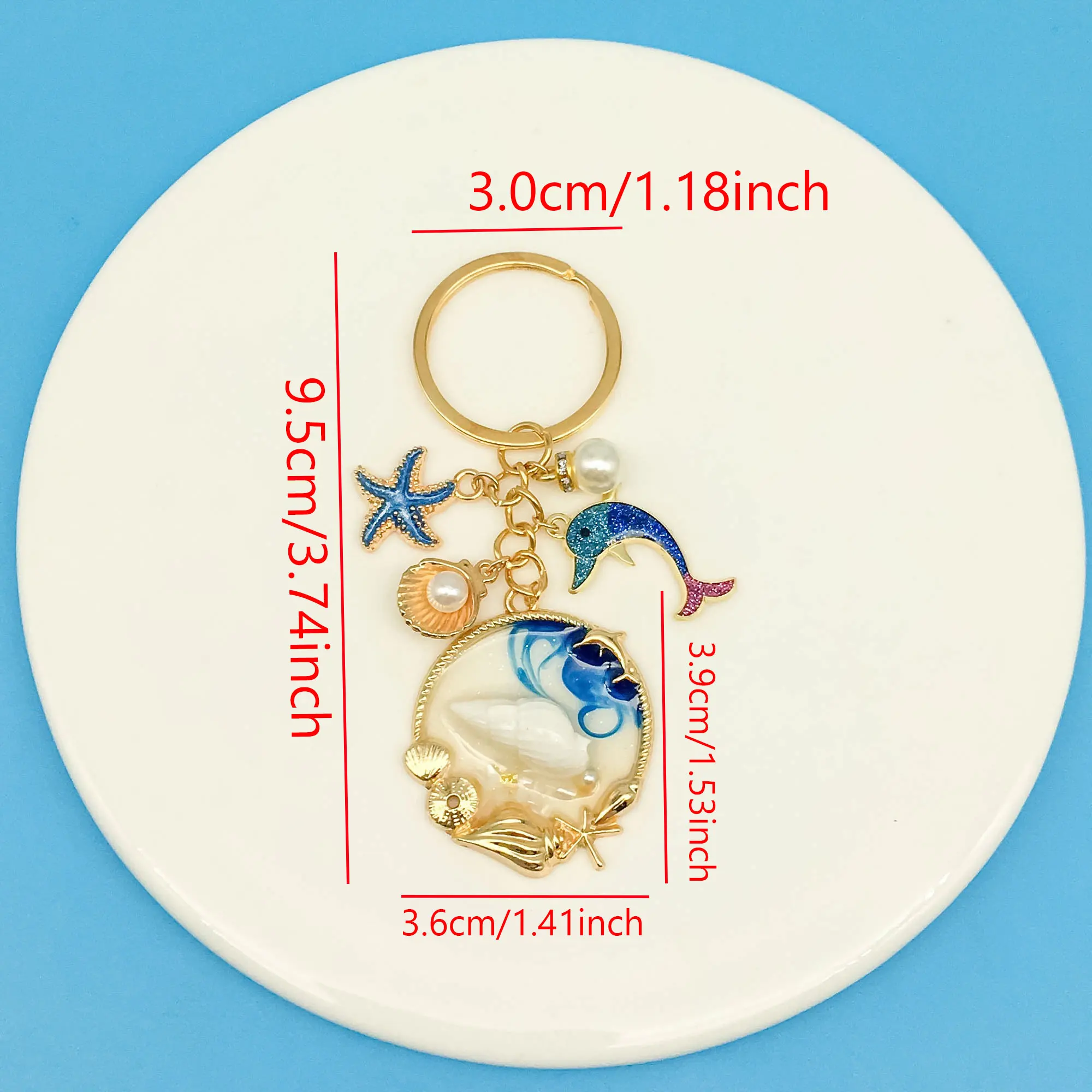 1PC Blue Dolphin Shell Starfish Alloy Enamel Inlaid Faux Pearl Charms Keychain For  Women Key Ring Ornament