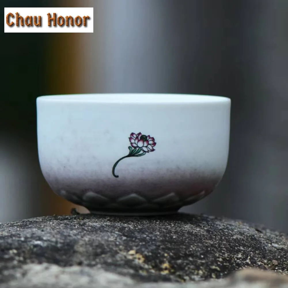 110ml Chinese Dunhuang Mural Lotus Ceramic Teacup Antique Kiln Change Glaze Tea Bowl Creative Lotus Throne Master Cup Tea Pair