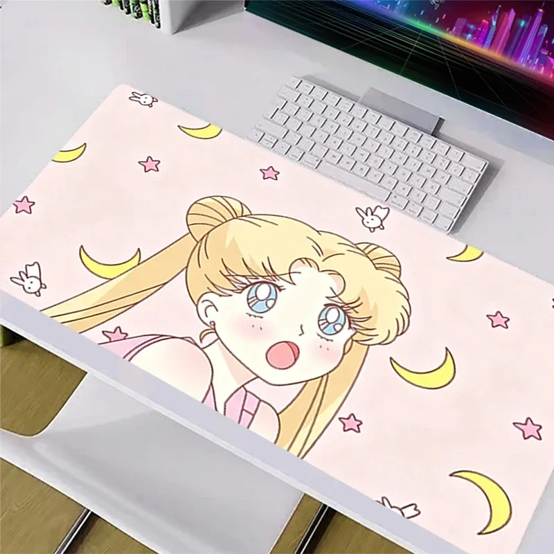 CIFBUY Sailor Moon Desk Mat, Cute Pink Anime Girl with Moon Star Print Mouse Pad for Gaming Desk Bedroom Office