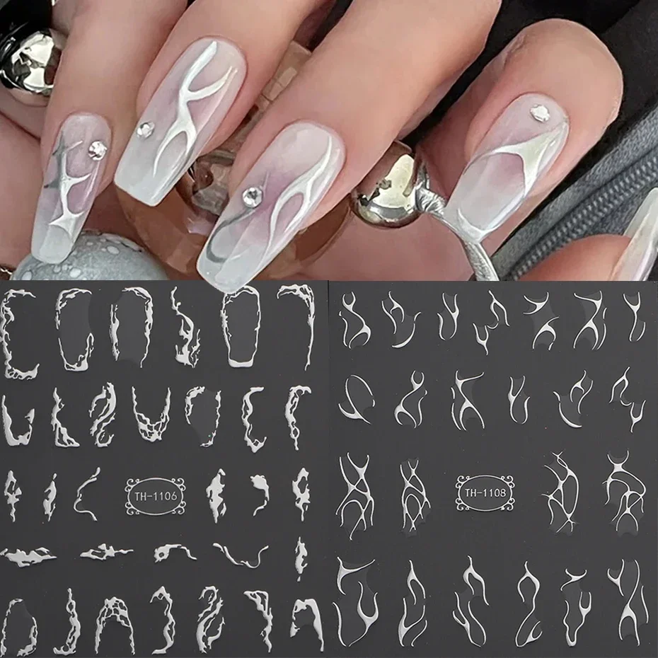 Naklejki na paznokcie 3D metaliczne srebrne kolce winorośli krzywe paski taśmy spiralne slidery samoprzylepne naklejki do manicure zdobienia paznokci