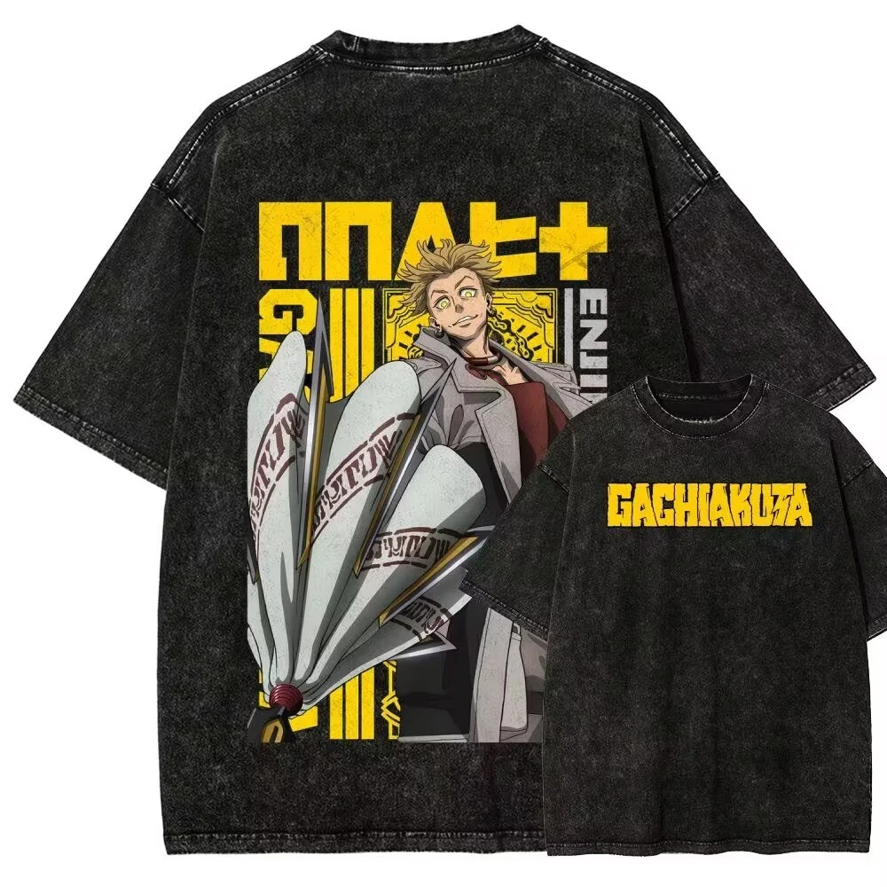 Y2k GACHIAKUTA Printed T-shirt Washed Heavyweight Pure Cotton Short-Sleeved Loose-Fitting Men's and Women's Top