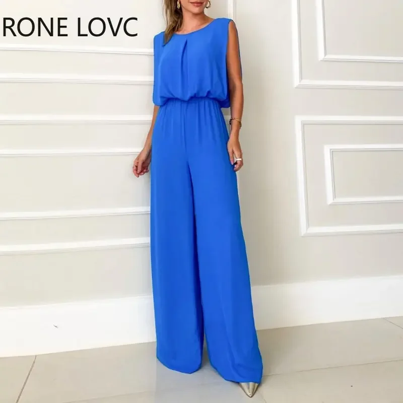 

Women Elegant Solid Sleeveless Tassels Swing Collar Back Hollow Staight Blue Jumpsuits