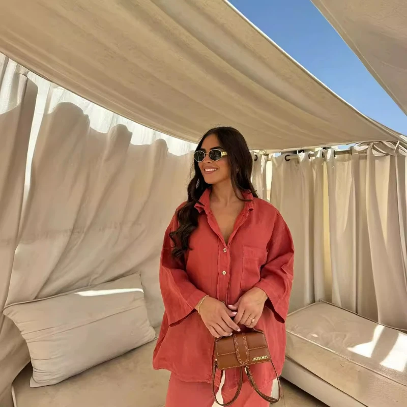 Women Pant Sets Two Pieces Set Long Sleeve Top Single Breasted Turn Down Collar Shirts Pockets Wide Leg Pants Shirts Casual