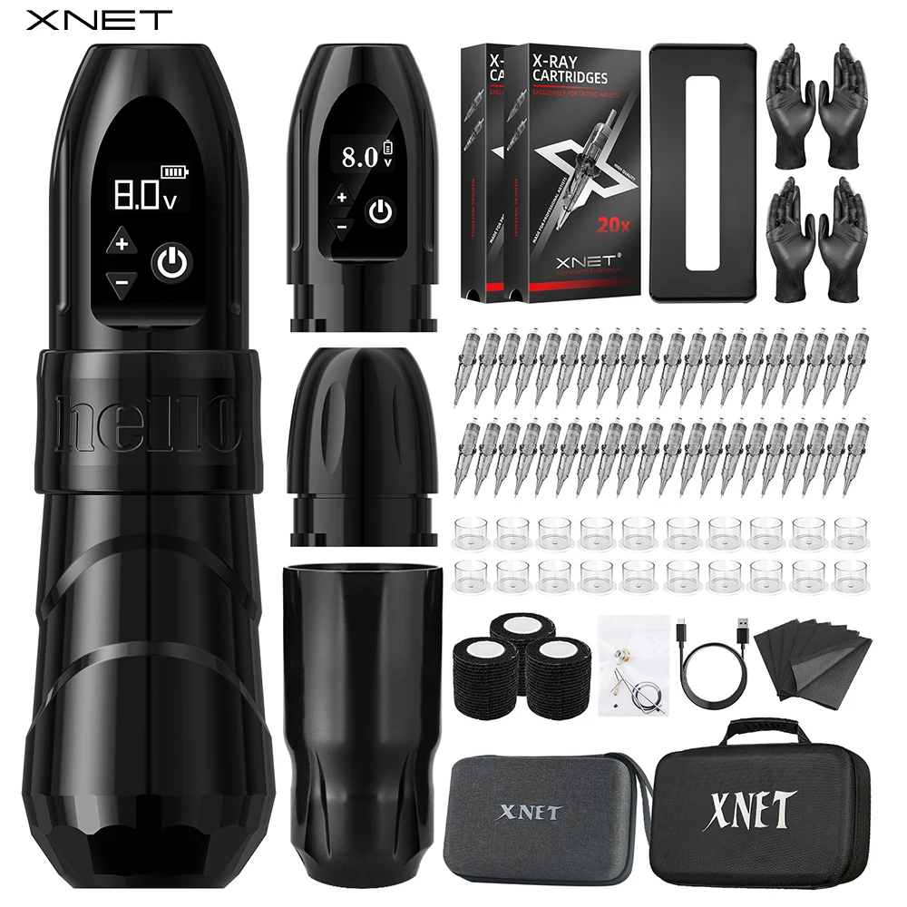 

XNET Profession Wireless Tattoo Machine Pen Kit Coreless Motor 2400Mah Capacity LED Battery 40pcs Cartridges for Tattoo Artist