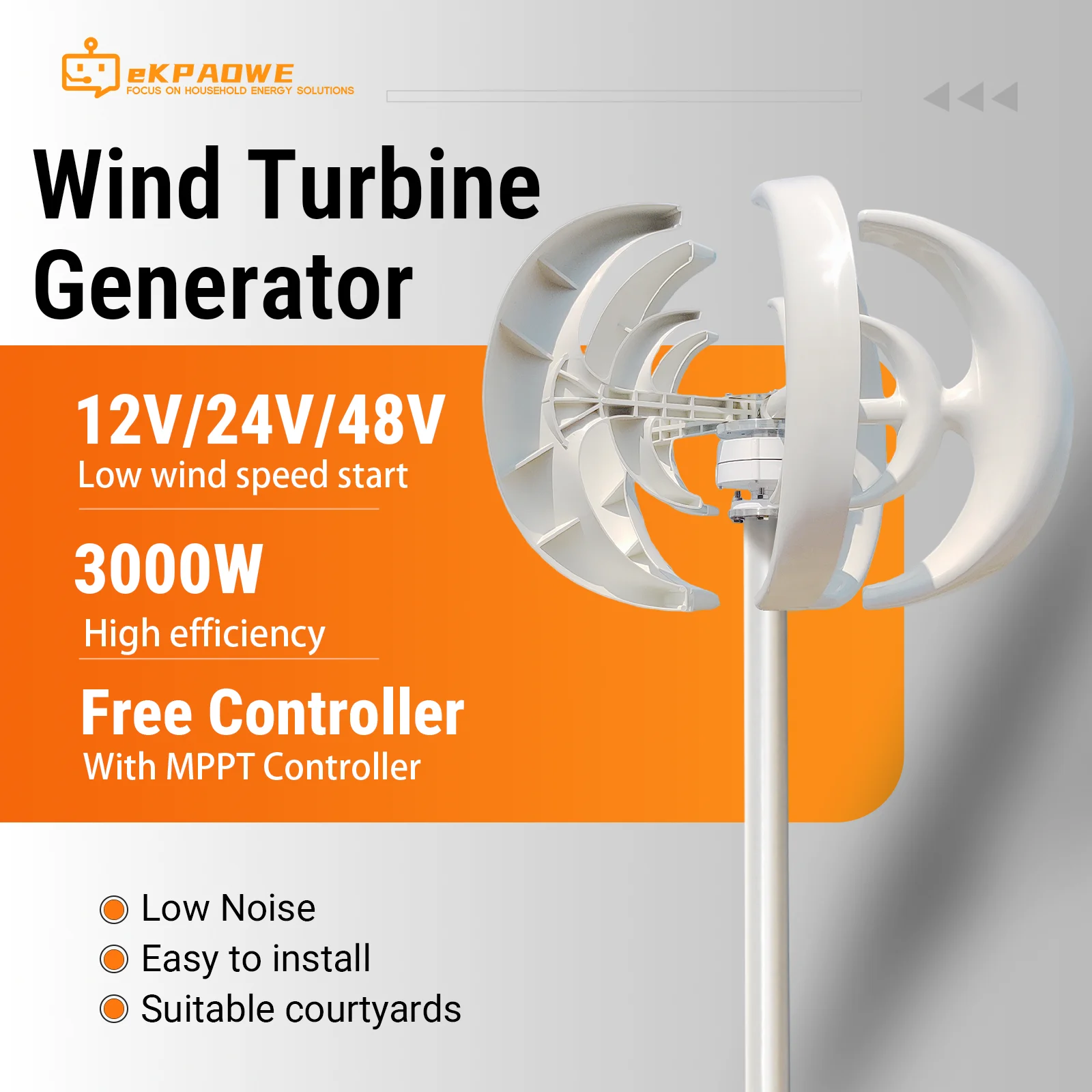 Generatore Eolico a Lanterna da 3000W 12V 24V 48V, Kit Motore ad Asse Verticale per Sistema di Accumulo Energetico Domestico