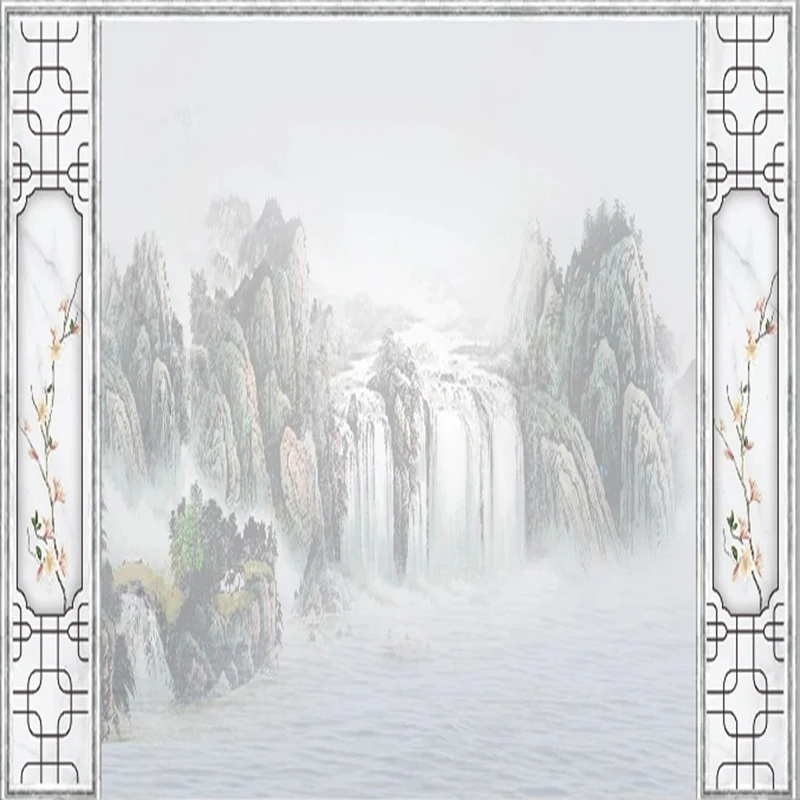 Custom New Chinese Style Mural Wallpaper - Abstract Mountain Waterfall Landscape Art for Restaurant Office Study Room Wall Decor