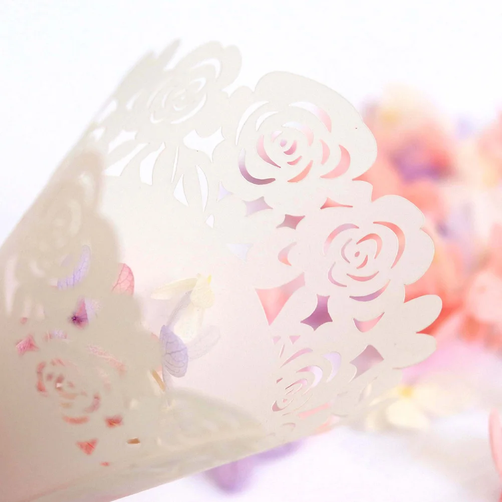 50pcs Hollow out Rose Pattern Dried Flower Cone Wrappers DIY Lace Paper Small Bouquet Packaging Flowers Wrapping Tube (White)