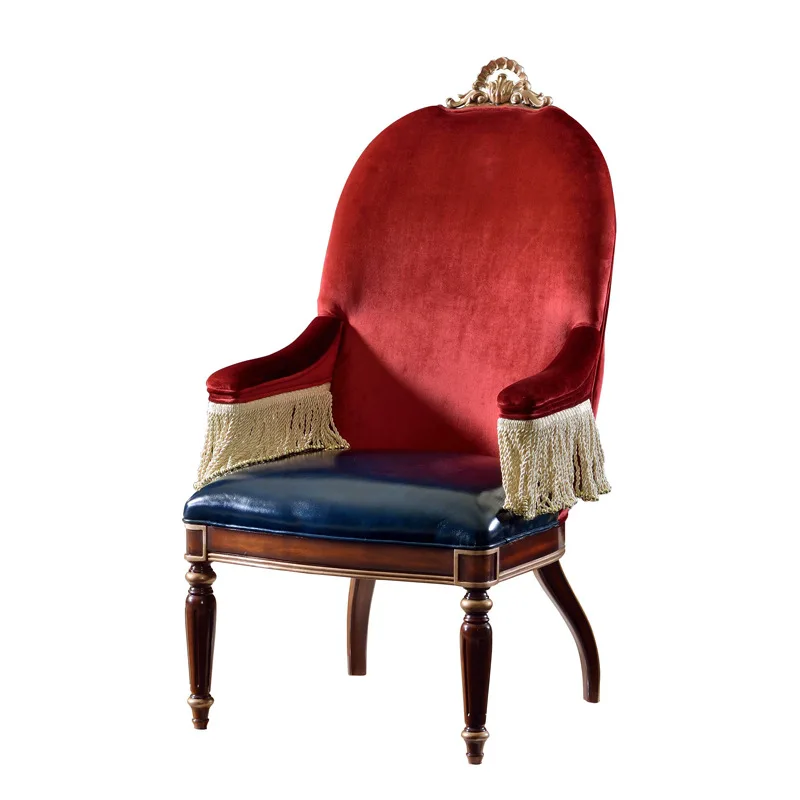 Solid wood leisure chair Book chair French living room Cloth leather art sofa chair English study furniture Carved chair