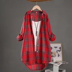 Linen Blouses Woman Women's Buttoned Shirt Chinese Style Women Clothing Check Long Sleeve Vintage Top Shirts