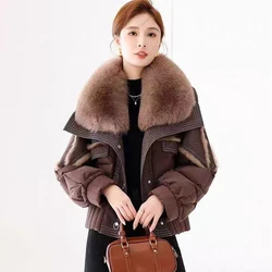 women's winter down jacket 2024new short style outerwears natural fox fur collar white goose down jacket Suede fabric Casual top