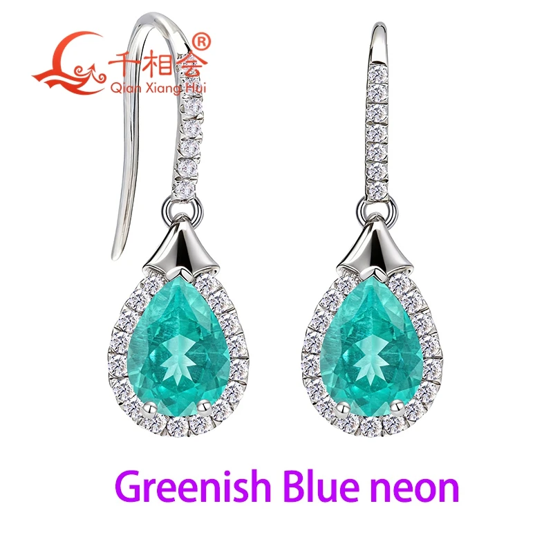 

Серьги-капли 6x8 мм из выращенного в лаборатории неонового параибского сине-зеленого камня с белым муассанитом, ювелирное изделие из серебра S925 для женщин