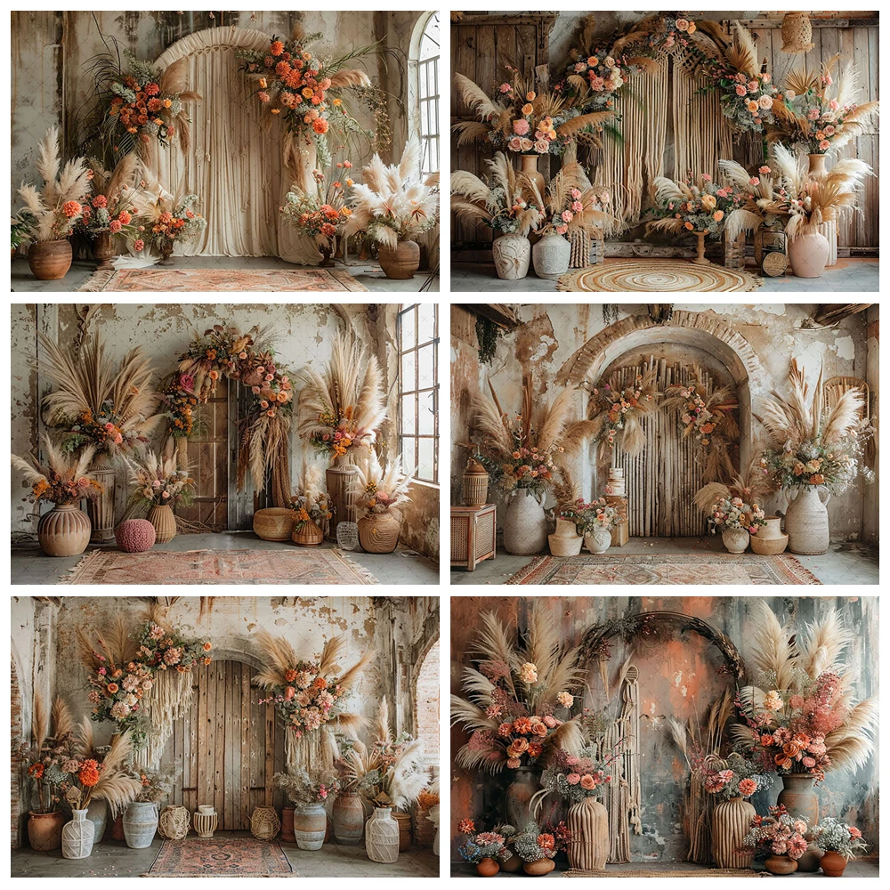 

Photography Backdrop Boho Wall Pregnant Portrait Girl Birthday Party Pampas Grass Window Curtain Decor Photo Background