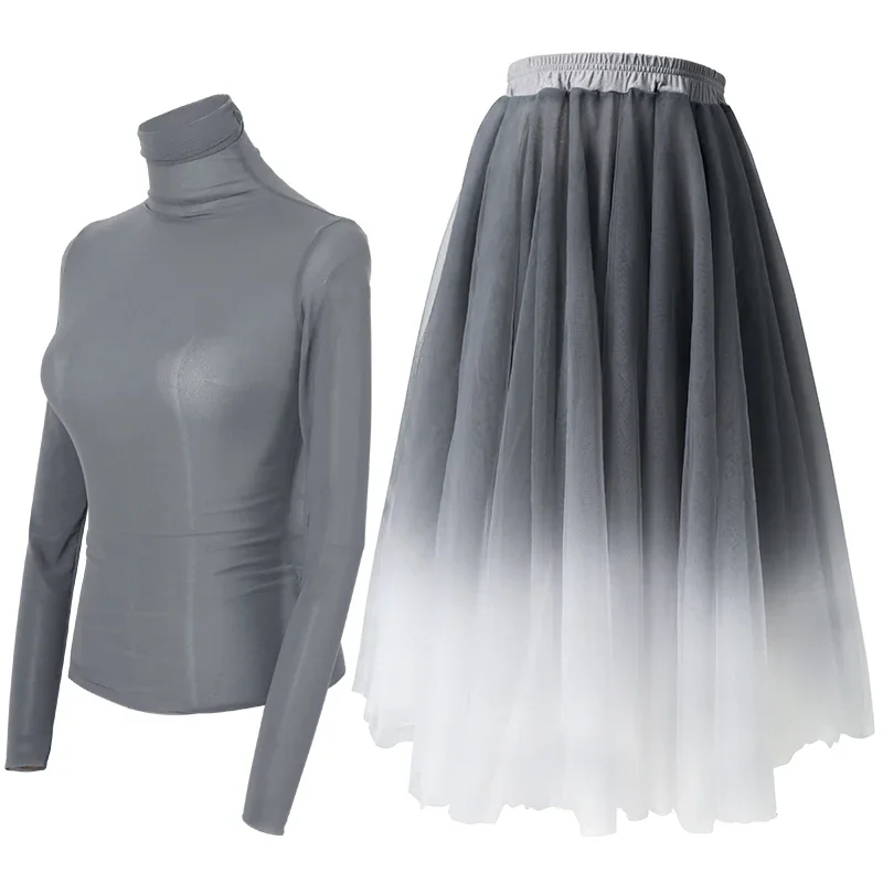 Women Ballet Tops Skirts Adults Dance Suits Soft Gradient Gray Dress Turtleneck Long-Sleeve Yoga Classical Gauze Mesh Dancewear