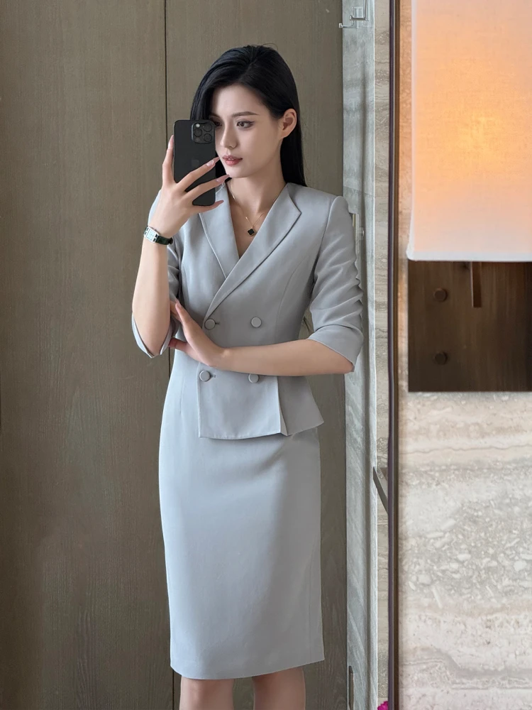 

Ele Berlin ey Acetate Dr Profional Slimming Women's Faion Commute Sle Seven Sve Double Button Pure Color