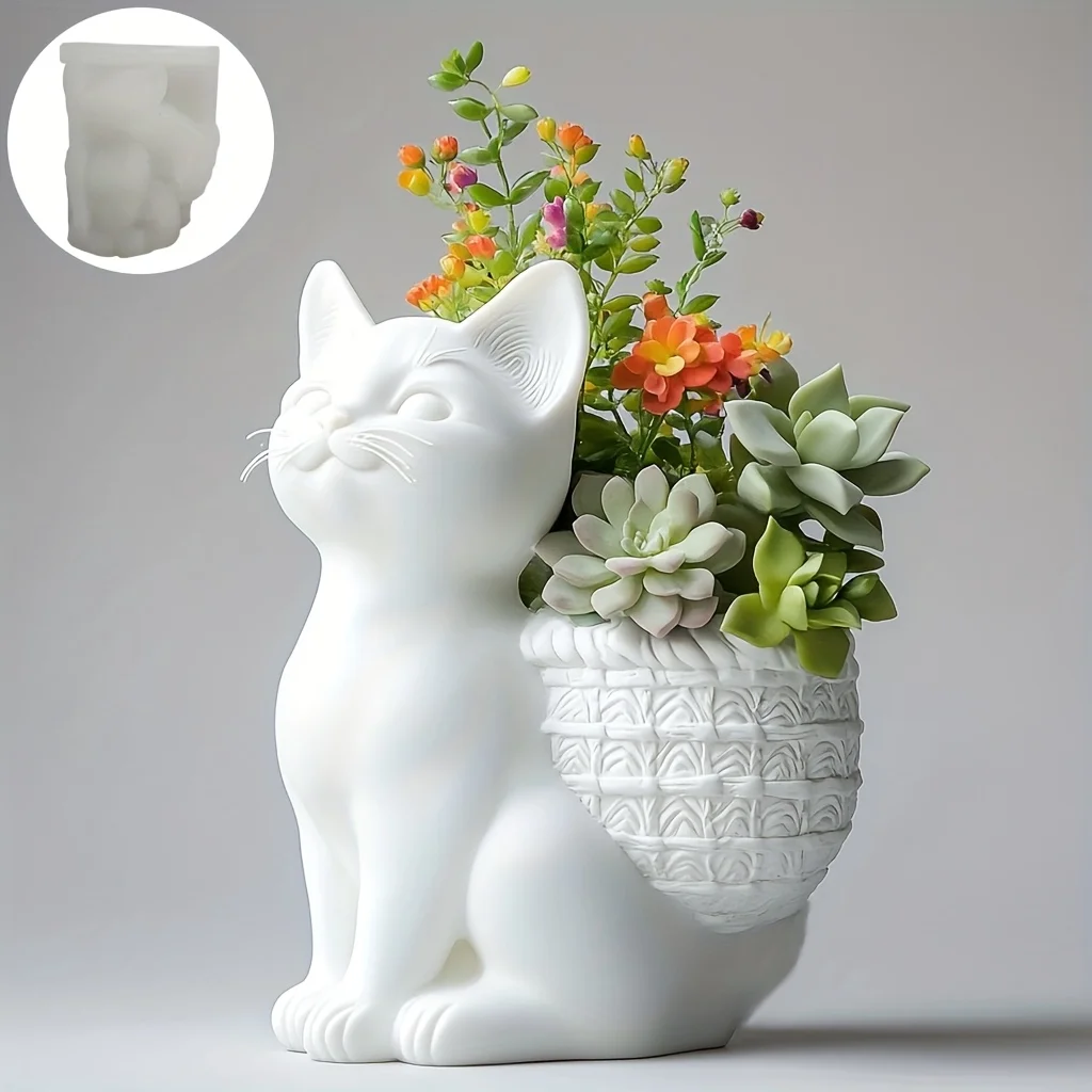 

DIY 3D Squatting cat succulent plant flowerpot resin silicone mold cute cat vase storage box pen holder gypsum mold craft molds