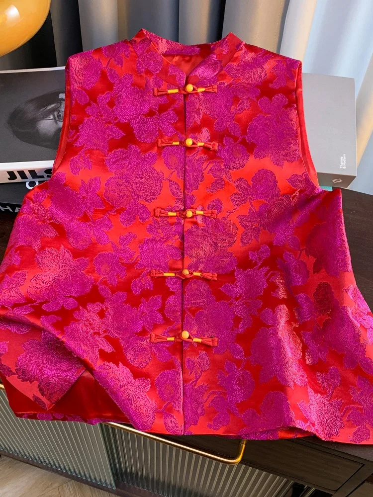 

Young Sle Silk Tank Top Women's High End Personali National Vintage Red Rose Button up irt Commute Sle Stand Collar