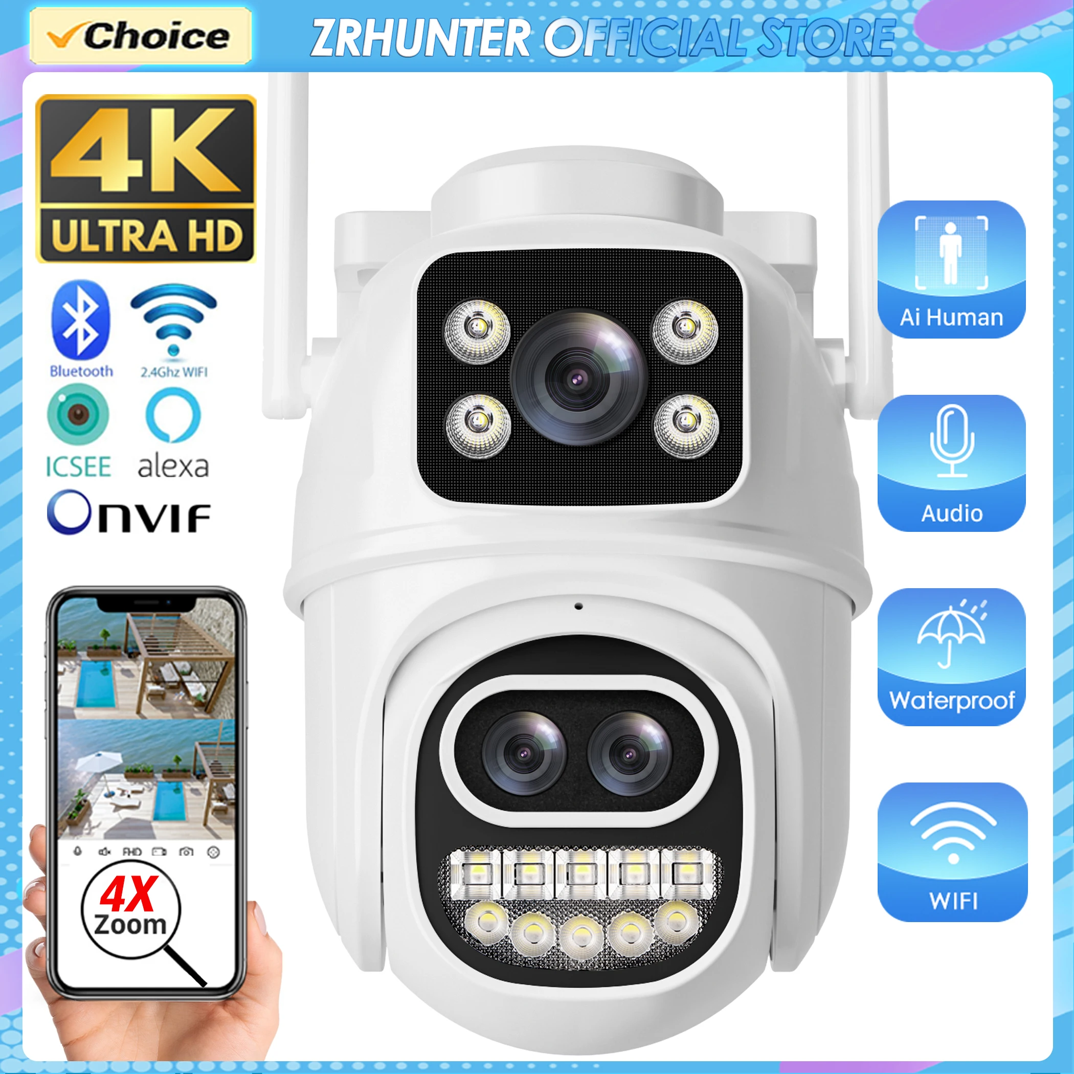 IP-камера, 9 МП, 5 к, два экрана, Wi-Fi