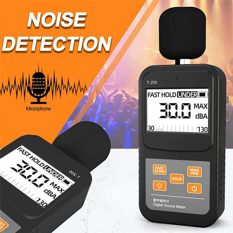 AT05-Digital Sound Level Meter Handheld SPL Meter,30-130DB Audio Noise Measure, Larger Backlit LCD Display For Home Factorie