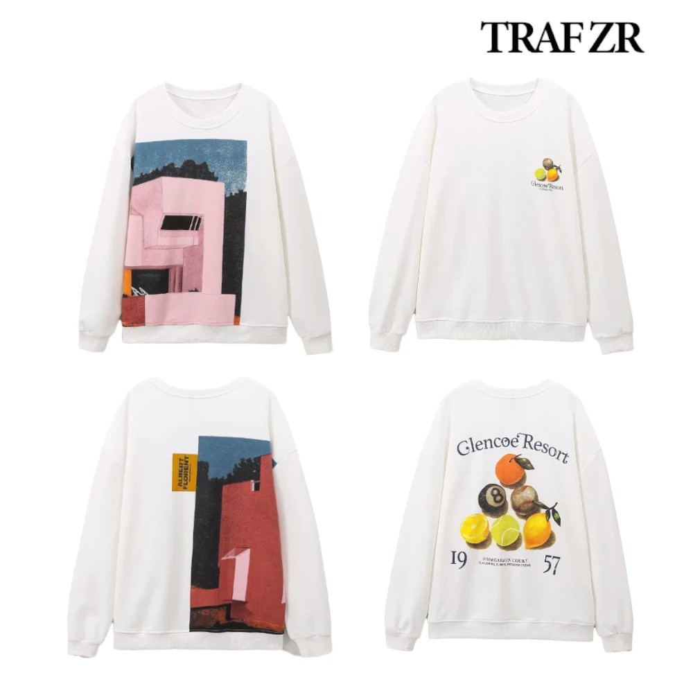 TRAF ZR Comfy Fall Fashion Sweatshirts Women 2024 Basic Florent Print Sweatshirts Normcore O-neck Long Sleeve Streetwear Tops