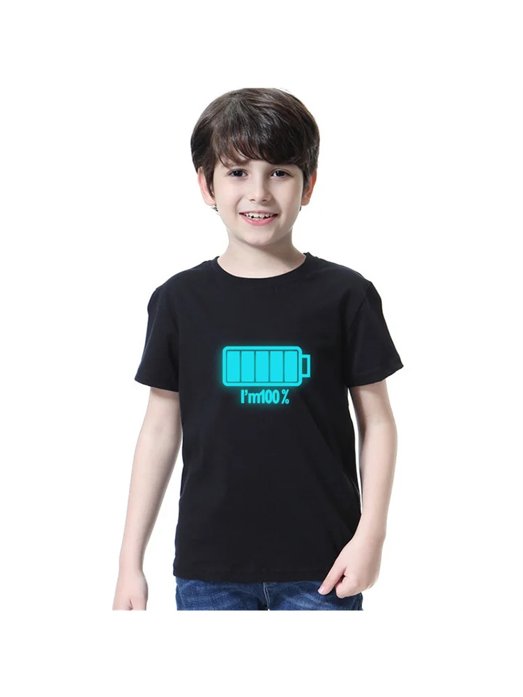 2024 Boys New Night Noctilucent  T-shirt Battery Pattern Tops Children Summer Cotton Shirt 3-14T