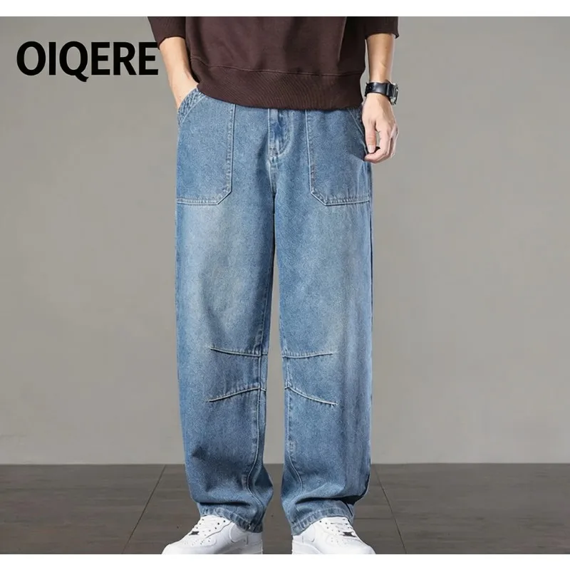 OIQERE Mens Autumn Full Cotton Cargo Denim Pants Spliced Design Loose Wide Leg Trendy Casual Long Trousers