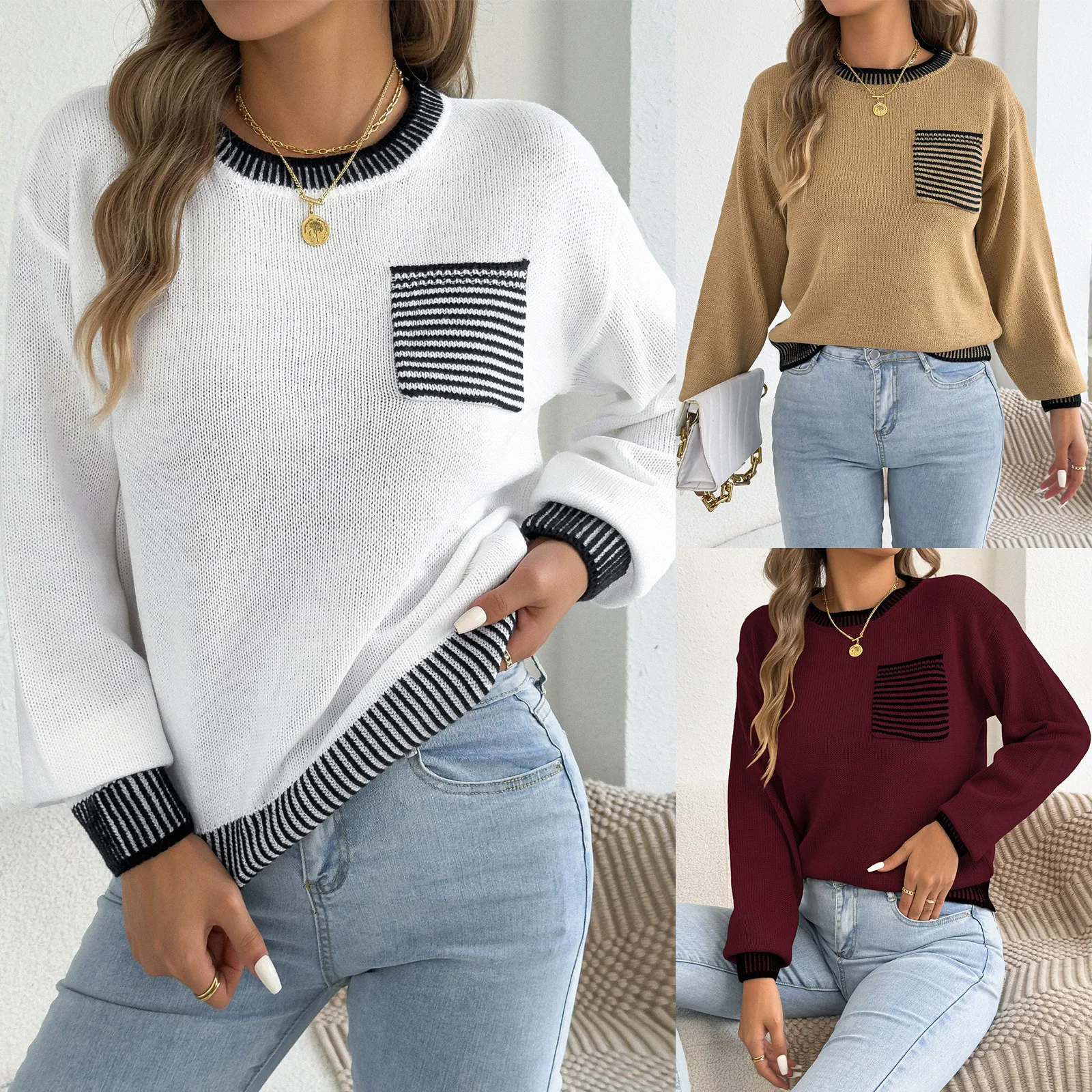 Autumn Winter Color Block Striped Sweaters 2026 Casual Lantern Long Sleeve Pocket Knitted Pullover White Red Khaki Women Clothes