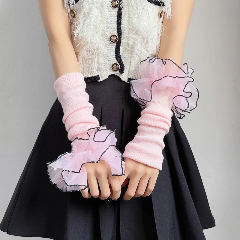 ロリータハンドスリーブ甘くてかわいいフリルチュールアームスリーブファッションニット指なし手袋コスプレアクセサリー