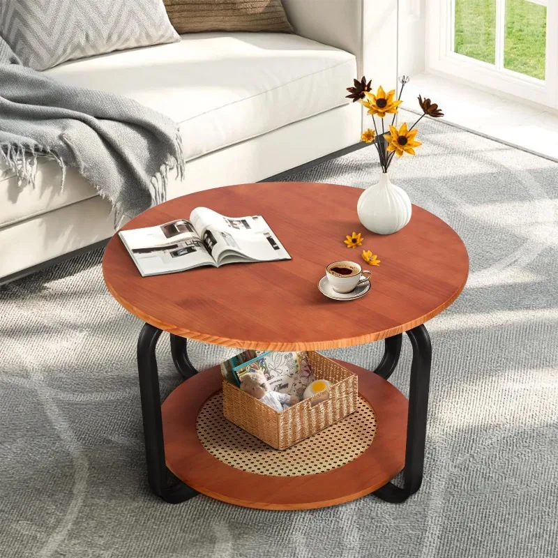 

Round coffee table Double modern wooden coffee table Living room Easy assembly Household rattan edge table with storage