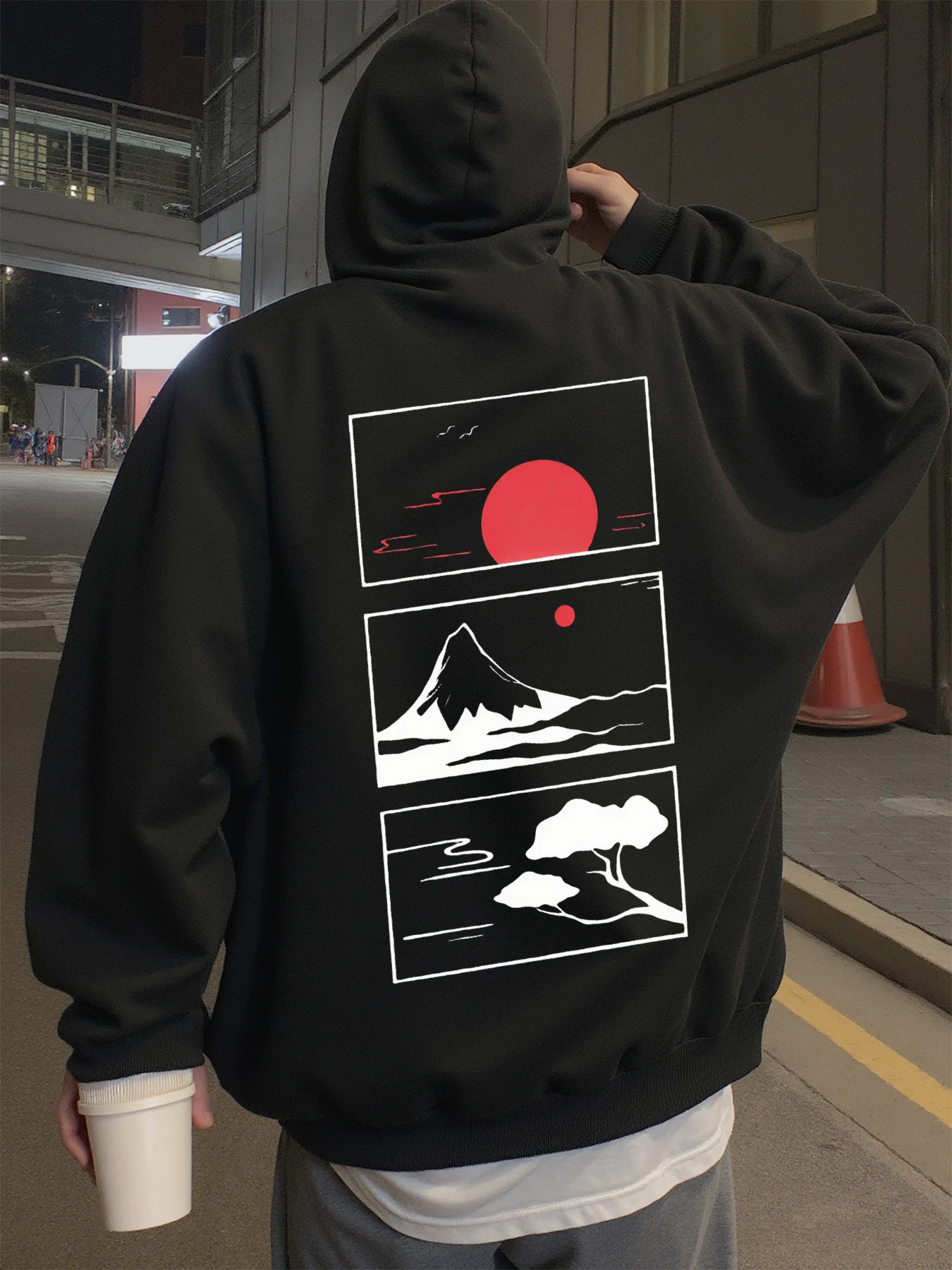 Moletom com capuz masculino, streetwear, estilo japonês, moletom com capuz gráfico Mount Fuji para homens, adequado para usar na primavera, outono e inverno