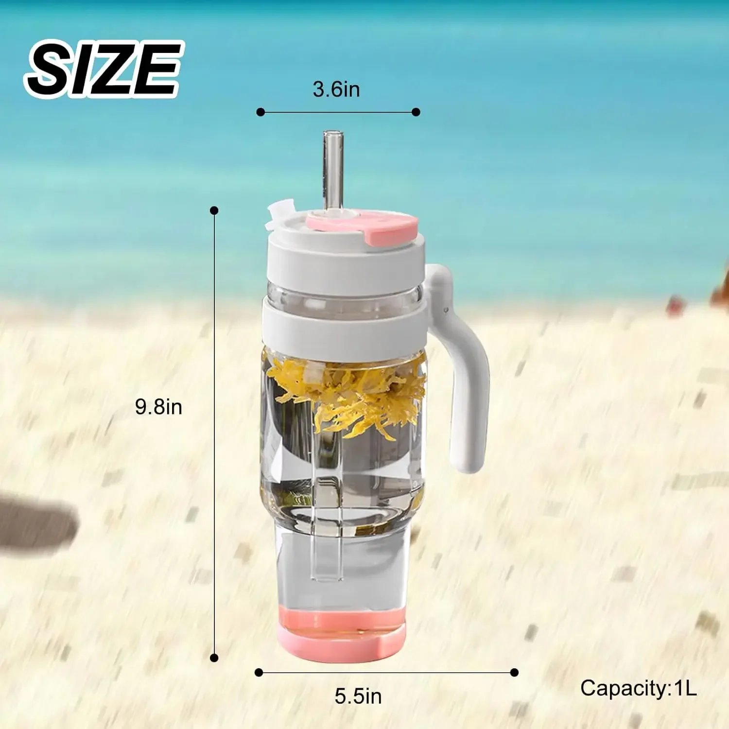 Vaso de vidrio de 32 oz con pajita y tapa, botellas de agua de vidrio con asa, taza de café helado reutilizable, Wat de vidrio de gran capacidad de 1 litro