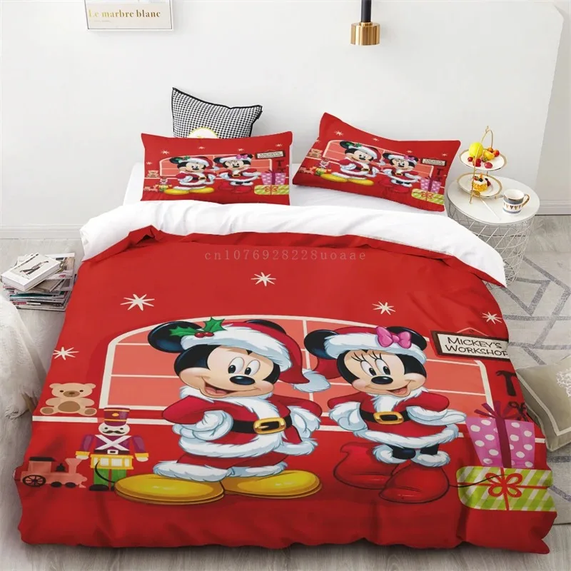 

Christmas Cute Mickey Minnie Duvet Cover Merry Christmas Bedding Set Queen King Full Size for Holiday Bedroom Teens Women Gifts