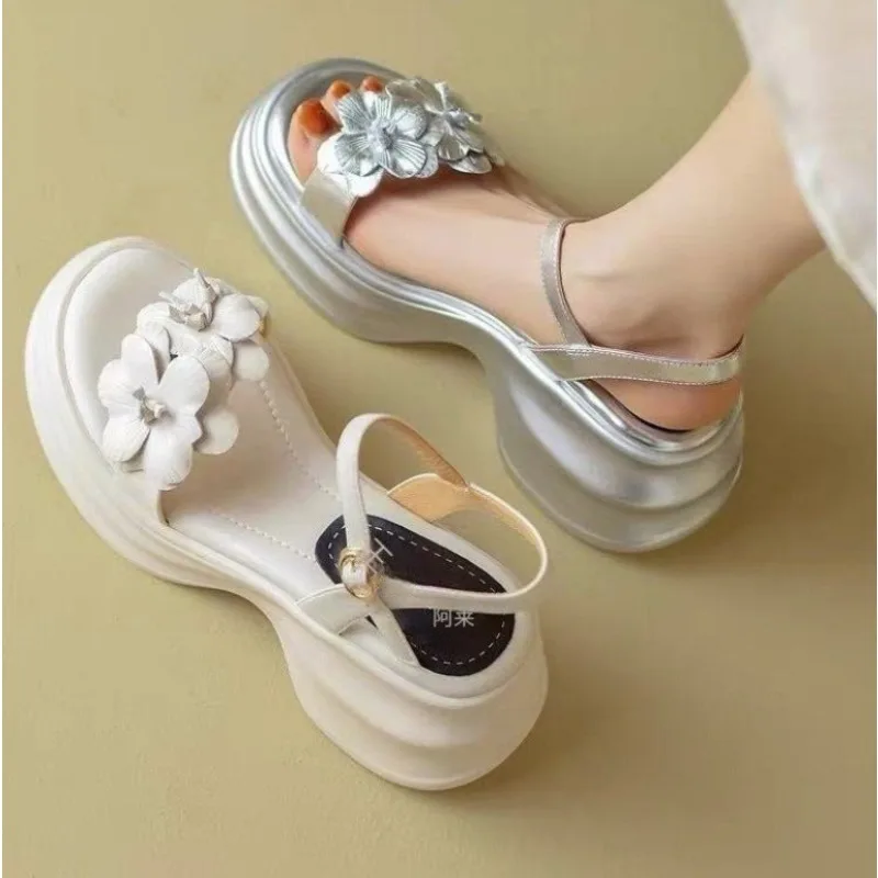 2026 Summer Top Layer Cowhide Classic Flower Sandals Fashionable Shoes Women Thick Sole Elevator Shoe High Heel Sandals