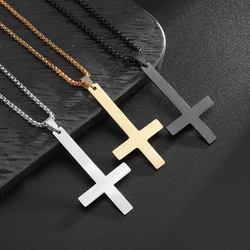 Simple Inverted Cross Necklace Pendant Stainless Steel Charm Chain Evil Satan Symbol Power Jewelry for Men Women