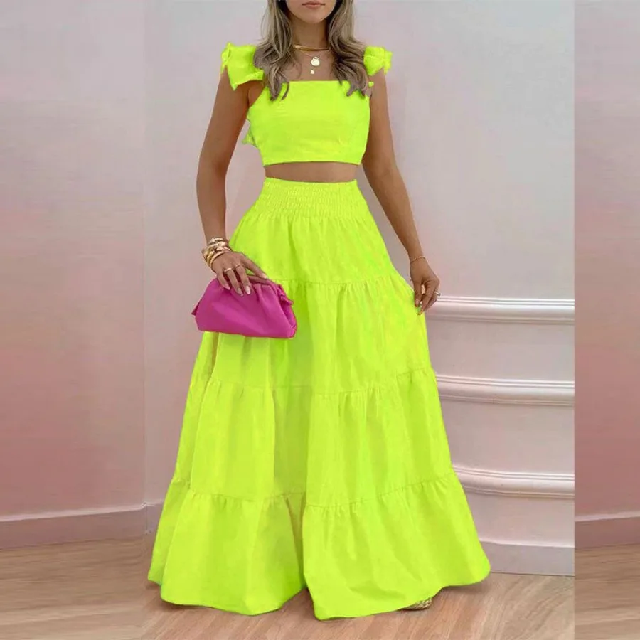 Two Piece Skirt Sets Women Print Dot Ruffles A Line Long Skirts High Waist Casual Half Sleeve Tops Suits Elegant Lady 2024
