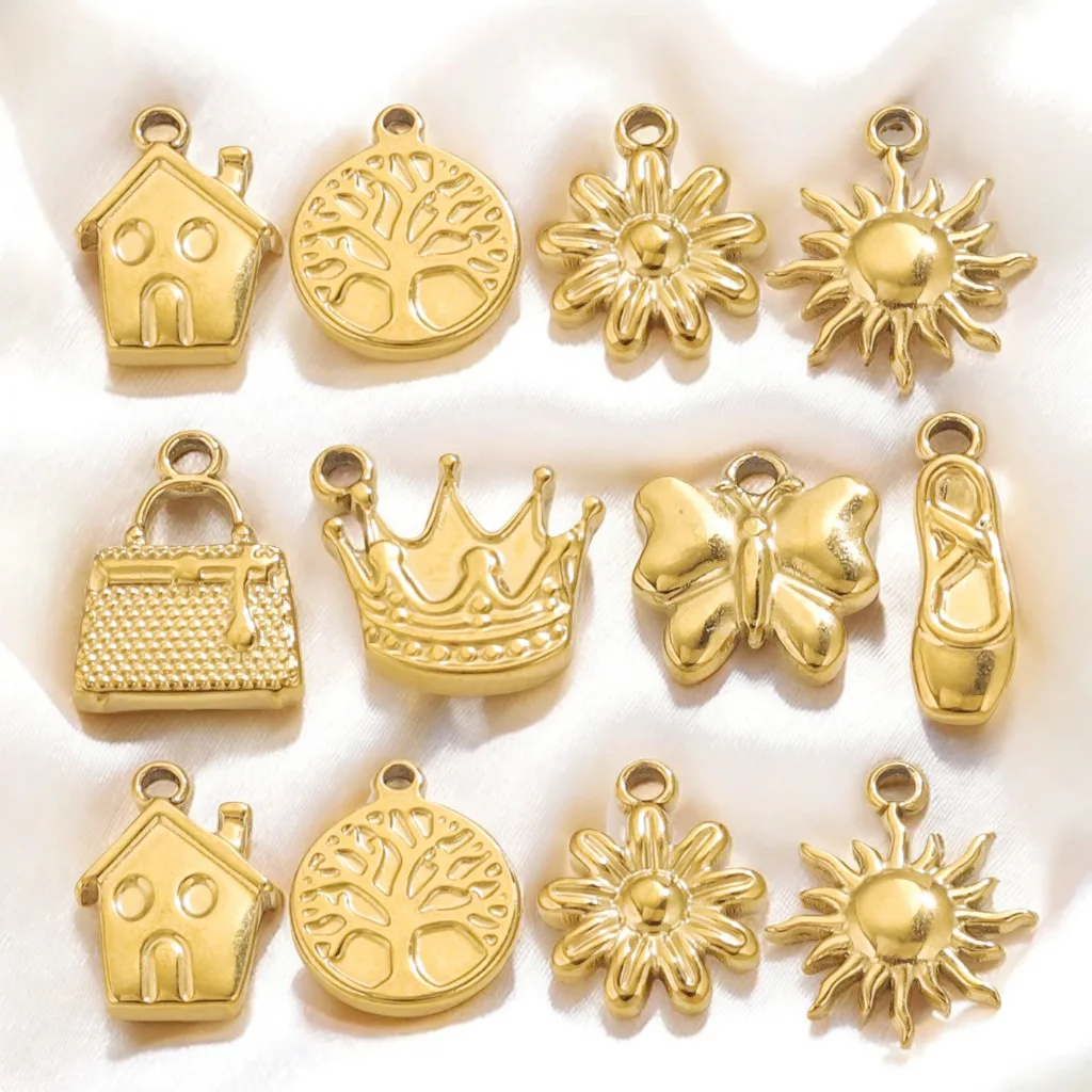 5 шт., милая маленькая подвеска из нержавеющей стали, Корона, дом, цветочное дерево, позолоченное для DIY, ожерелье, браслет, аксессуары для изготовления ювелирных изделий
