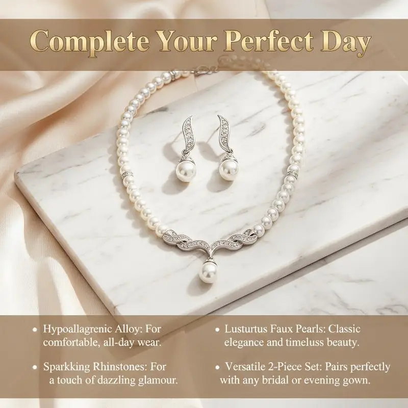 Faux Pearl Jewelry Set 2Pcs Shiny Rhinestone Embellished for Mother of  Wedding Prom Evening Dinners