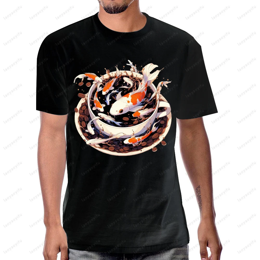 Japanese Koi Fish Pond Art Drawing Coffee Design Printed T-shirt Casual Harajuku Tshirt Streetwear Short Sleeve Cotton T Shirt